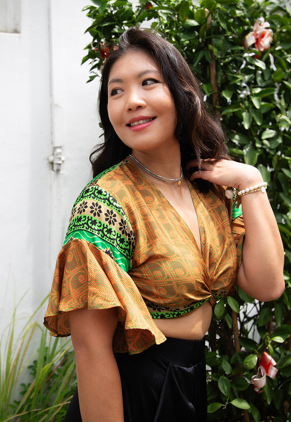 Raja Rani Upcycled Silk Short Sleeves Wrap Top - Kiwi