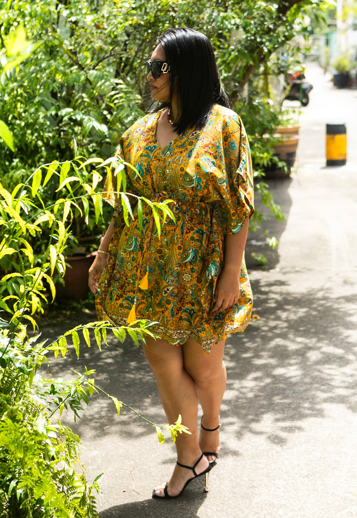 Raja Rani Upcycled Silk Short Kaftan - Saffron