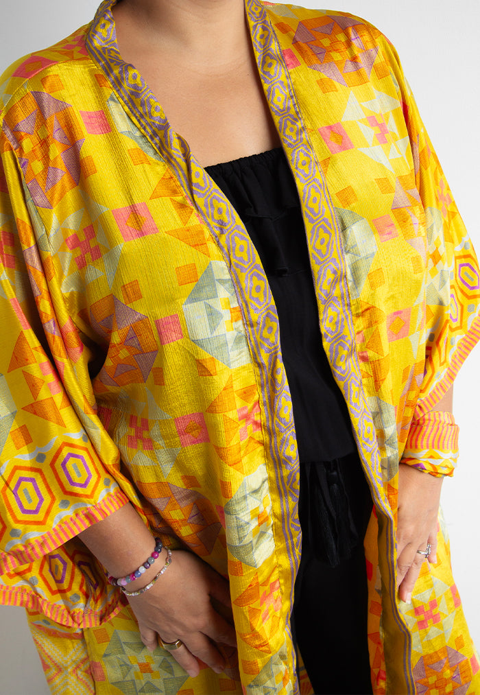 Raja Rani Upcycled Silk Long Kimono - Geometric Yellow