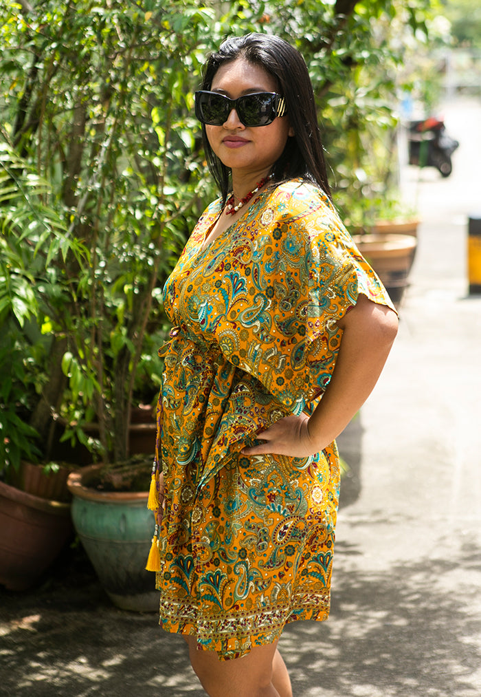 Raja Rani Upcycled Silk Short Kaftan - Saffron