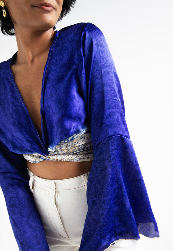 Raja Rani Upcycled Silk Long Sleeves Wrap Top - Azure
