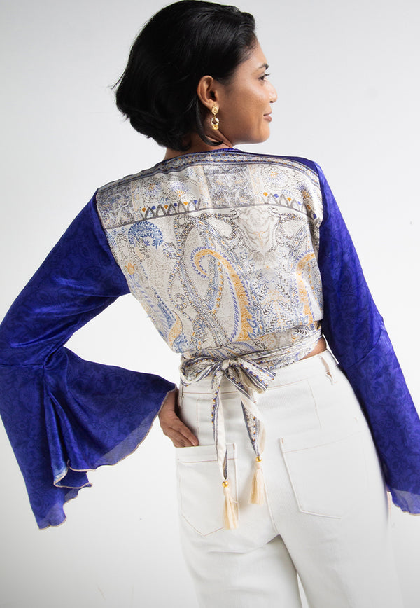 Raja Rani Upcycled Silk Long Sleeves Wrap Top - Azure