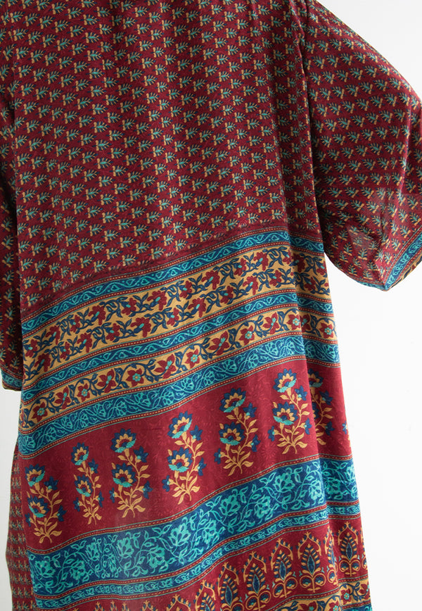 Raja Rani Upcycled Silk Long Kimono -  Burgundy
