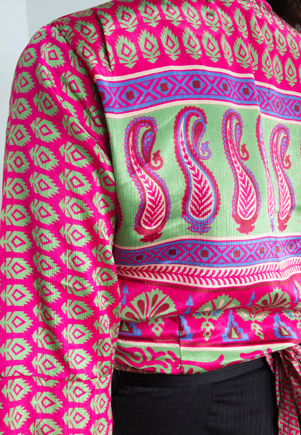 Raja Rani Upcycled Silk Long Sleeves Wrap Top - Fuchsia