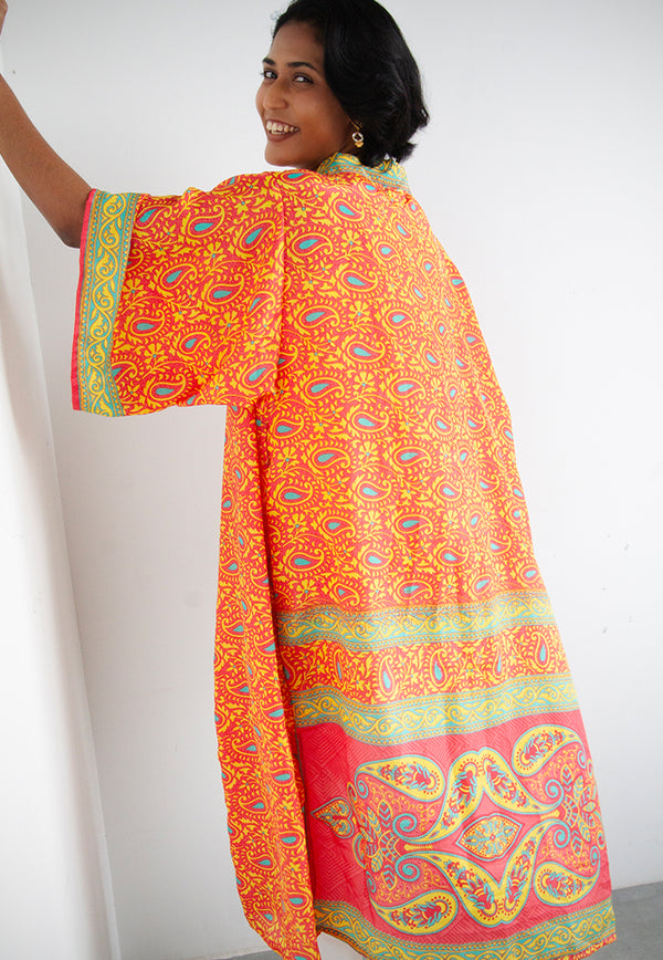 Raja Rani Upcycled Silk Long Kimono - Persimmon