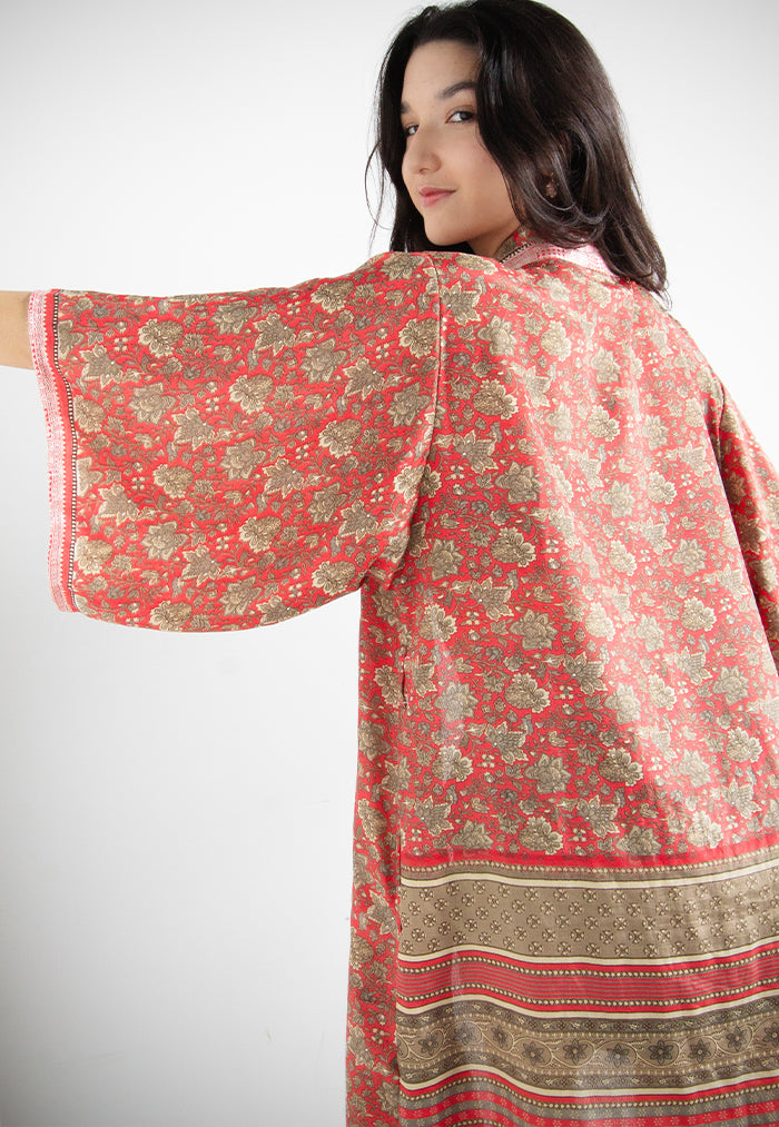 Raja Rani Upcycled Silk Long Kimono - Rose