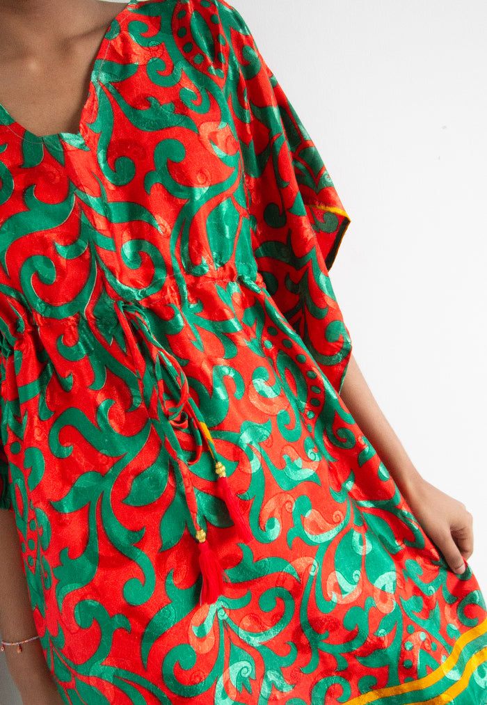 Raja Rani Upcycled Silk Short Kaftan - Watermelon