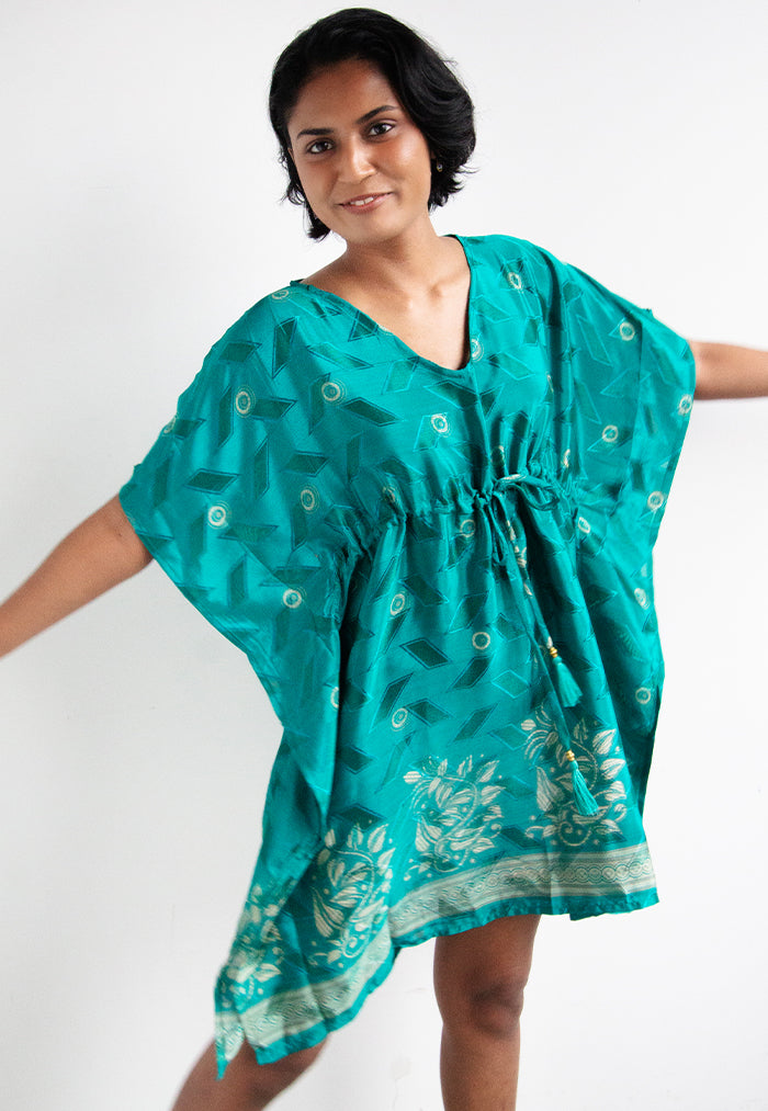 Raja Rani Upcycled Silk Short Kaftan - Teal