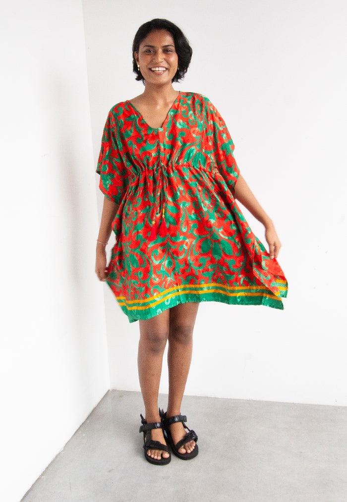 Raja Rani Upcycled Silk Short Kaftan - Watermelon