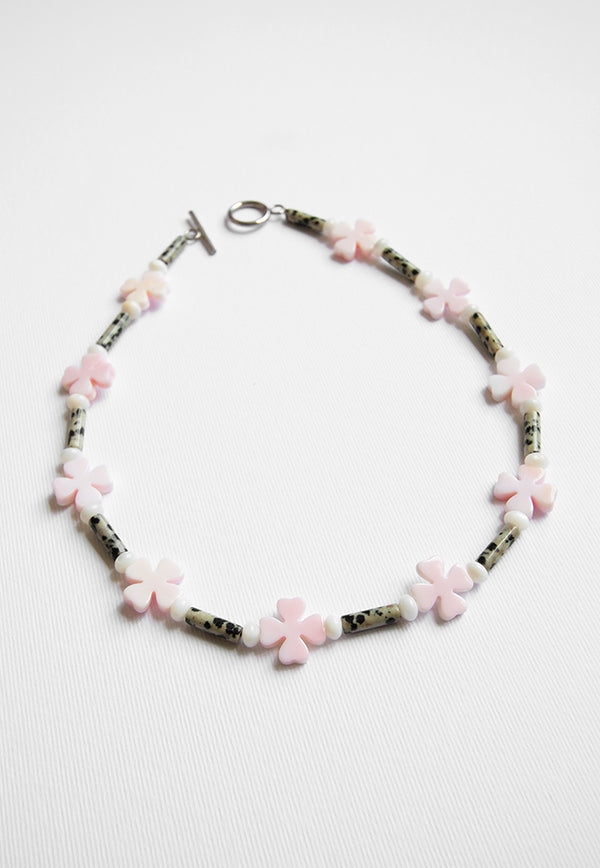 THREEONETWOFIVE Pink Clover and Dalmatian Jasper Necklace
