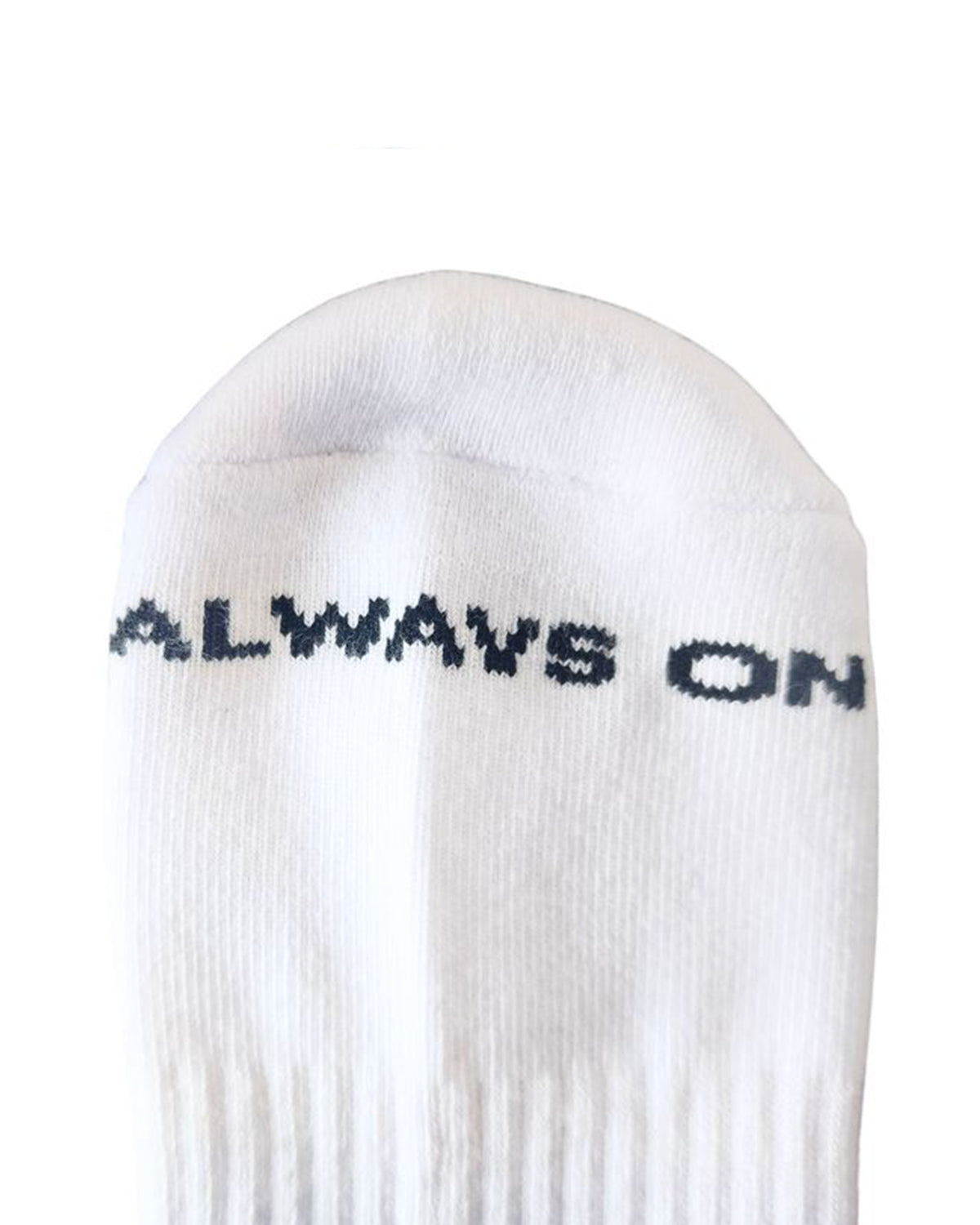 white crew sport socks with 'always on' text