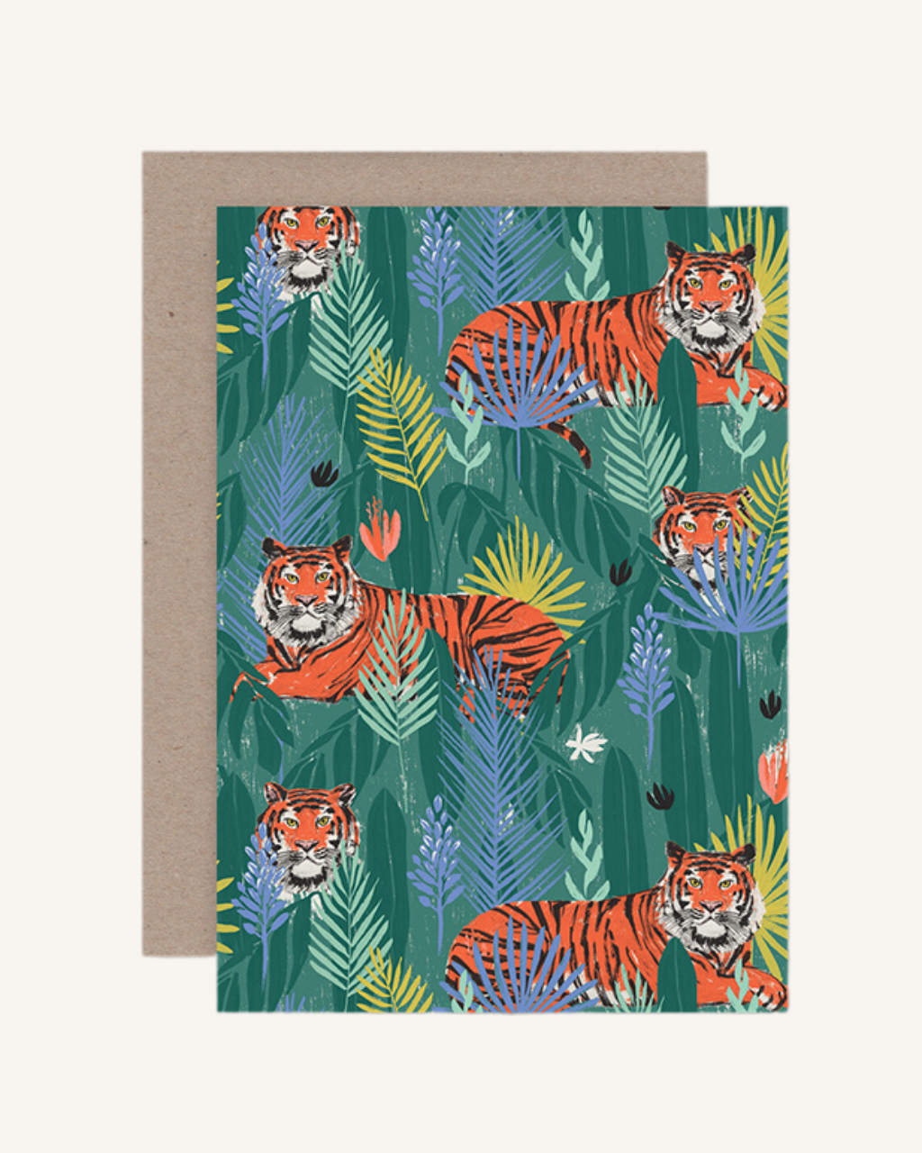 A colorful greeting card featuring artistic representations of tigers amidst foliage, accompanied by a brown envelope.