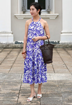 Vine and Branches Enza Halter Neck Maxi Dress - China Blue