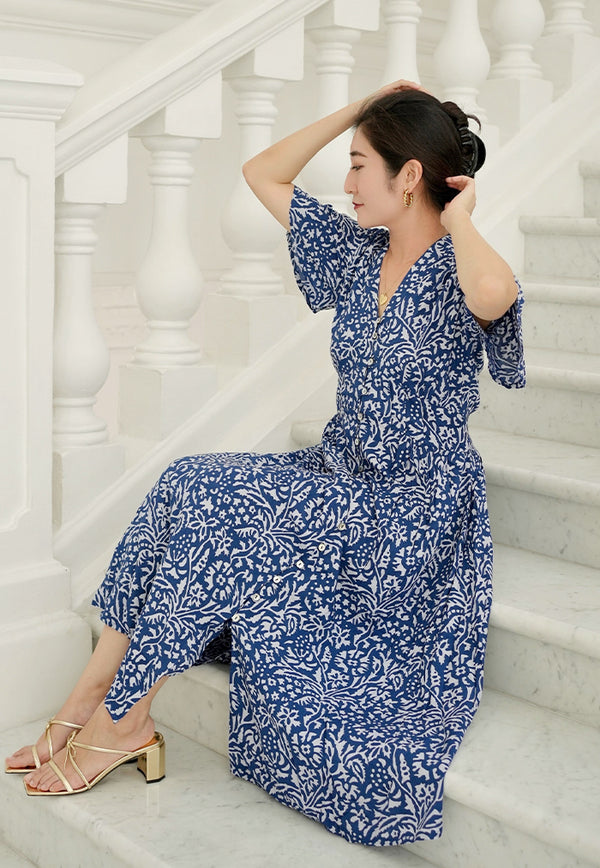 Vine and Branches Galia Flutter Sleeve Dress - Spring Blue