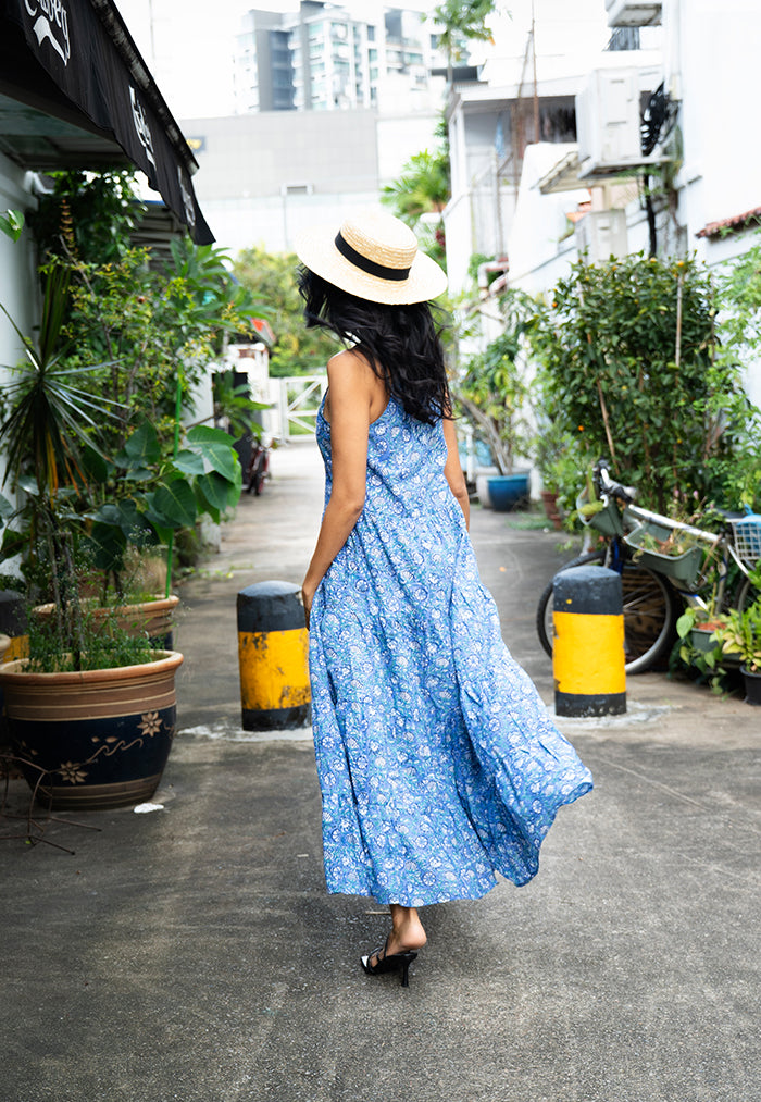 Vine and Branches Libre Obi Belt Dress - Iris Blue