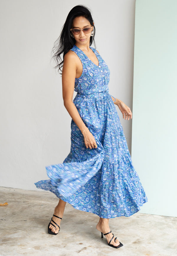 Vine and Branches Libre Obi Belt Dress - Iris Blue
