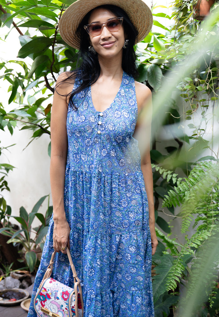 Vine and Branches Libre Obi Belt Dress - Iris Blue