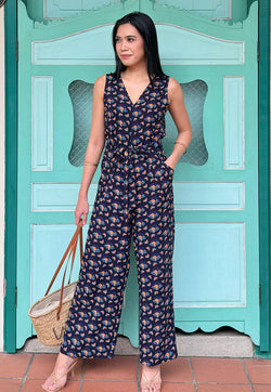 Vine and Branches Mia Tie Jumpsuit - Navy Rays