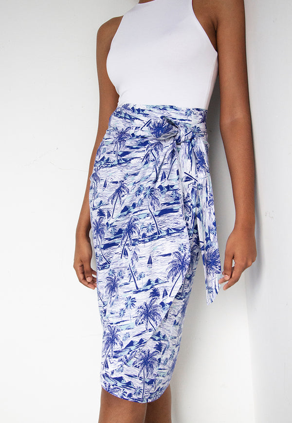 Vine and Branches Naomi Wrap Skirt - Hawaiian Blue