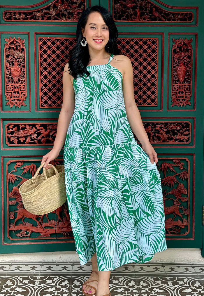 Vine and Branches Sola Halter Dress - Green Palm