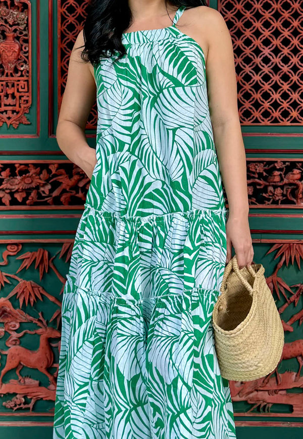 Vine and Branches Sola Halter Dress - Green Palm