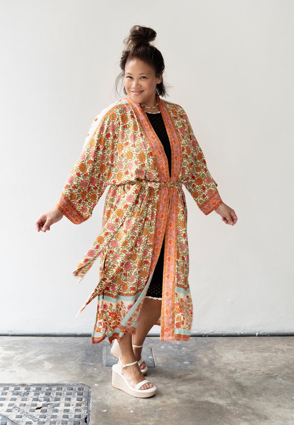 Dahlia Maxi Kimono - Cream Peonies