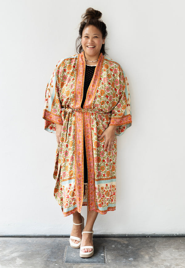 Dahlia Maxi Kimono - Cream Peonies