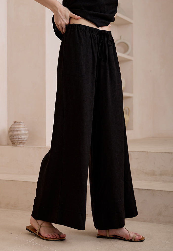 Wits the Label Wide Leg Drawstring Pants - Black