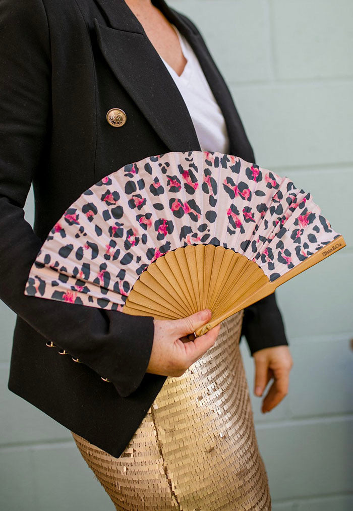 pink leopard print silk mahagony fan