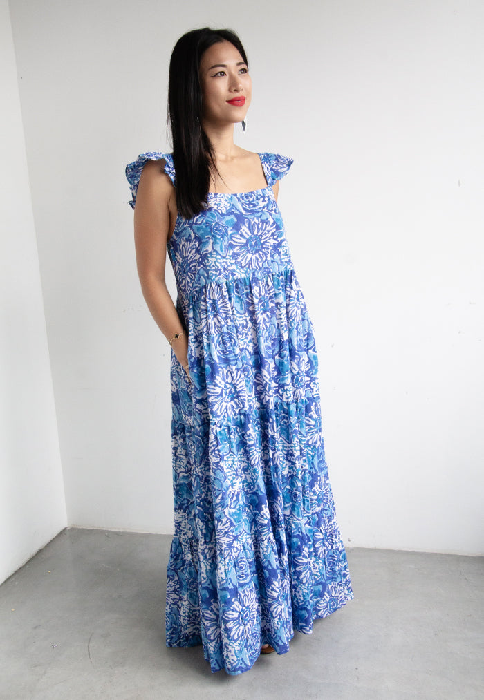 Indii Breeze Amalie Frill Maxi Dress - Azure Blossoms