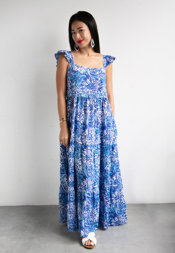 Indii Breeze Amalie Frill Maxi Dress - Azure Blossoms