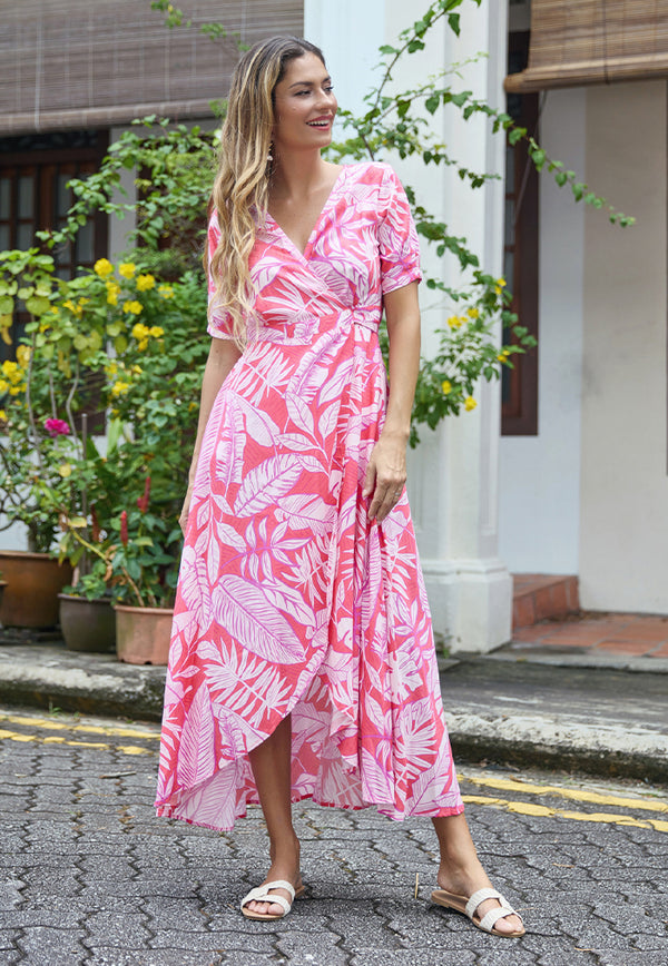 Indii Breeze Renae Wrap Maxi Dress - Hot Pink Palm