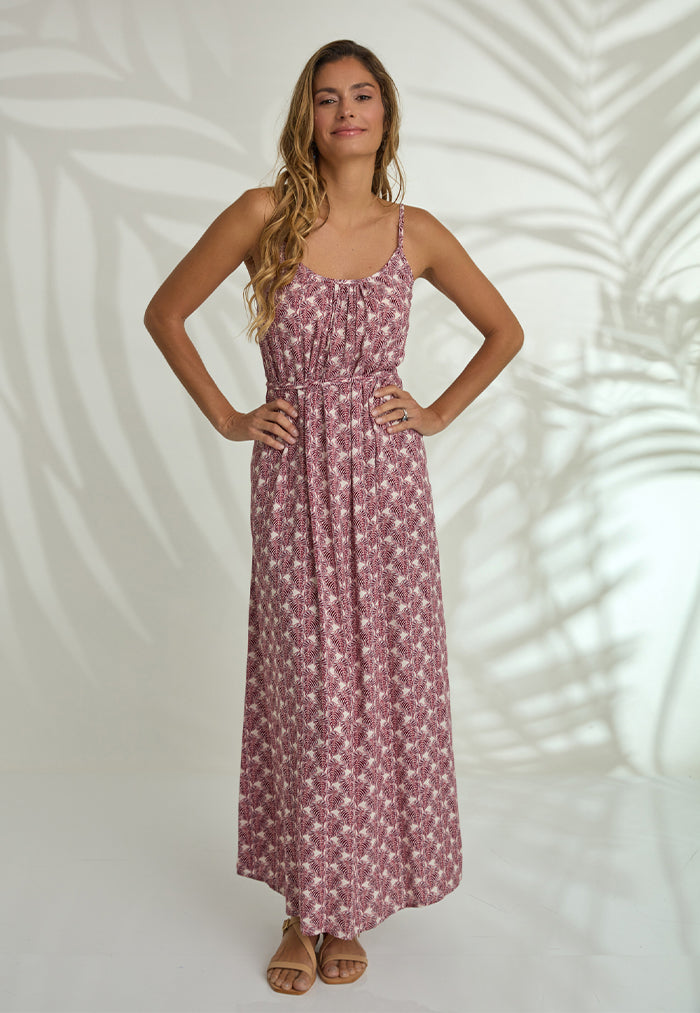 Indii Breeze Cami Plain Maxi Dress with Belt - Jungle Red
