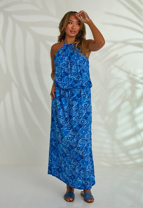 Indii Breeze Susan Halter Maxi Dress - Blue Garden