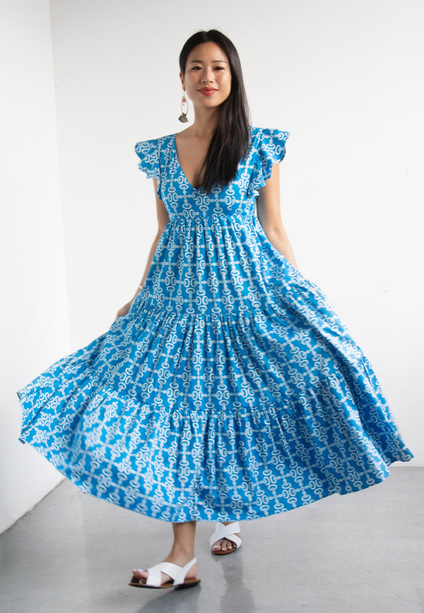 Nala Sunshine Tiered Midi Dress - Crepe Ginger Diva Blue