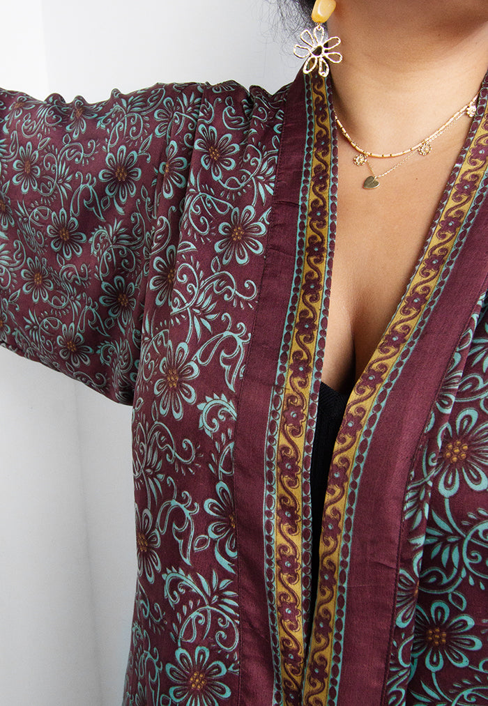Raja Rani Upcycled Silk Long Kimono - Choc Mint