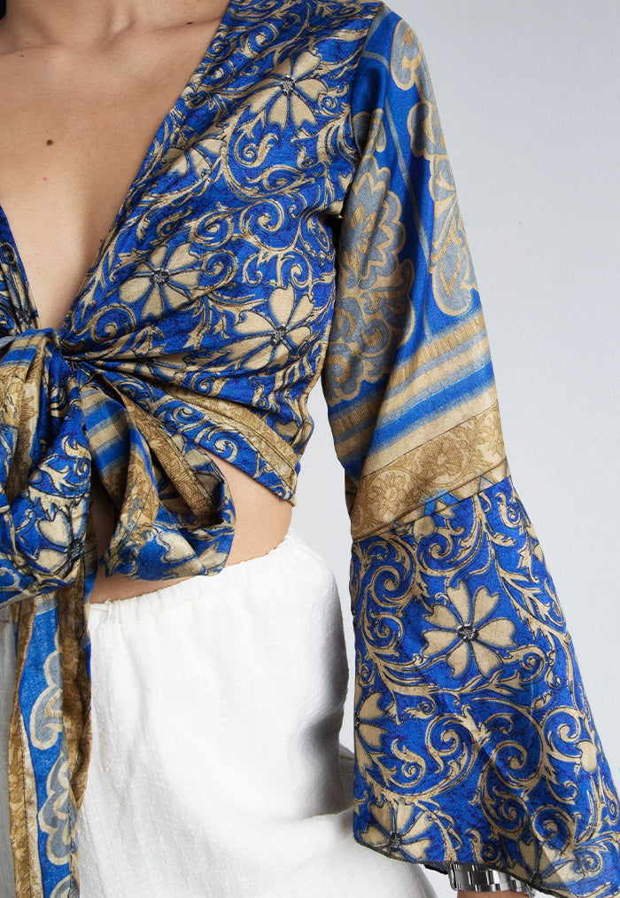 Raja Rani Upcycled Silk Crop Wrap Top - Lapis