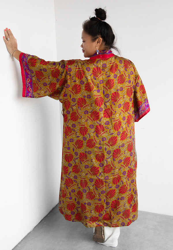 Raja Rani Upcycled Silk Long Kimono - Royal