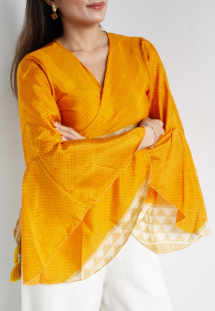Raja Rani Upcycled Silk Crop Wrap Top - Saffron