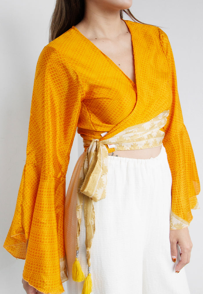 Raja Rani Upcycled Silk Crop Wrap Top - Saffron