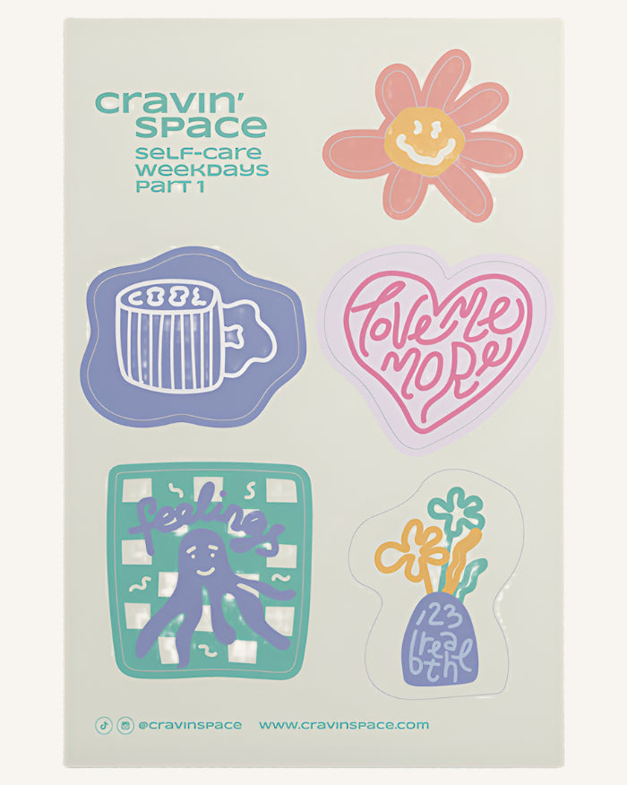 A collection of colorful stickers with various designs including a coffee cup, a heart, a camera, a flower, and a notebook. They are displayed on a light background and have a matte finish.