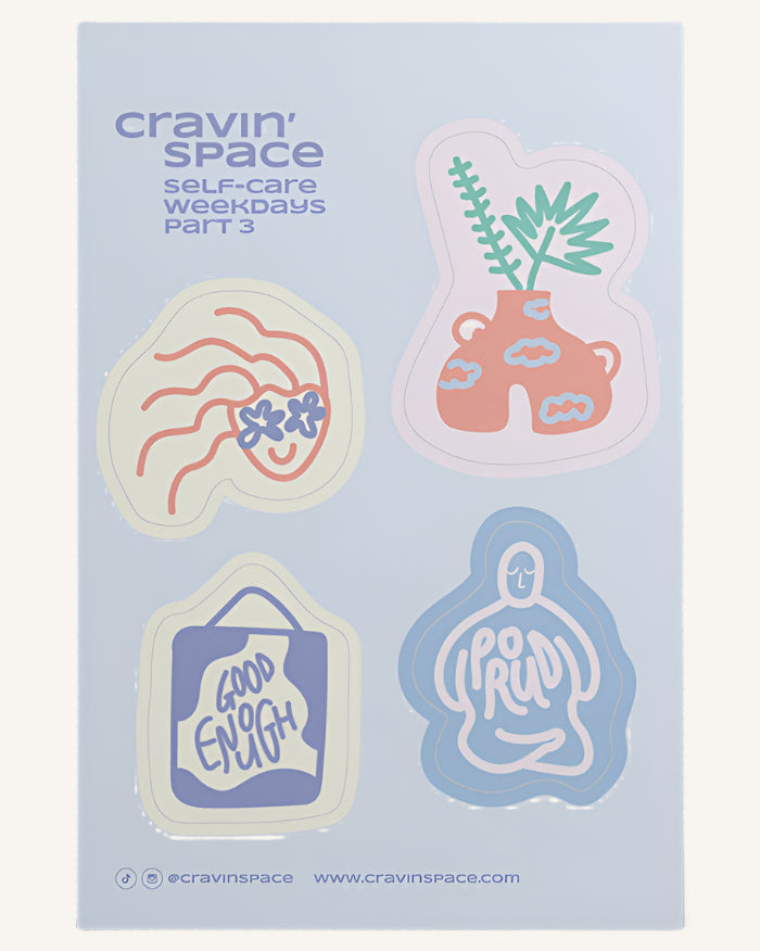 A sheet of stickers with various designs related to self-care, presented on a light background.